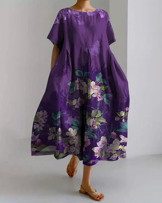 Jurk Rondhals Paars Bloemen