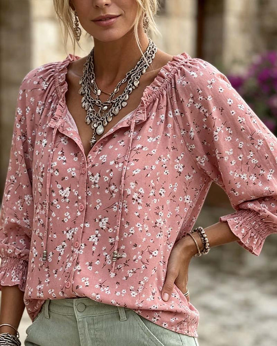 Blouse V-Hals Bloemen Bandjes Ruches Mouw