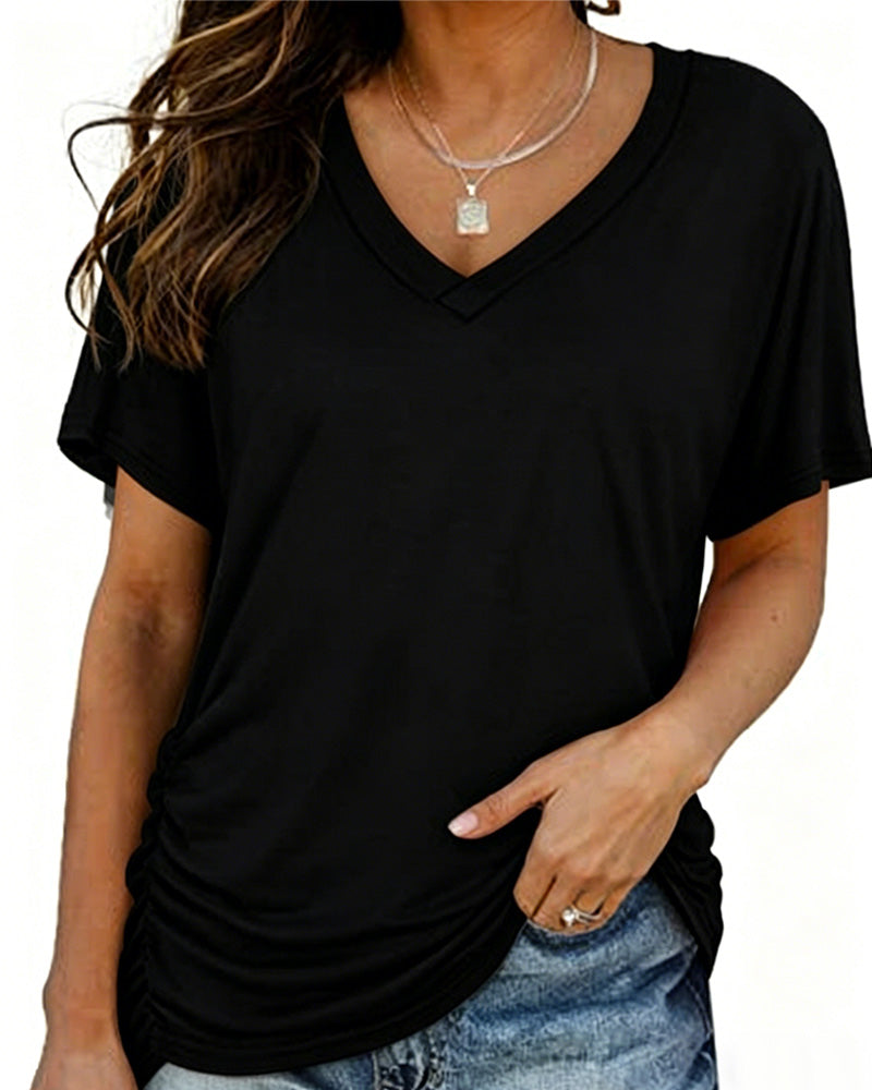T-Shirt Geplisseerd Effen V-Hals