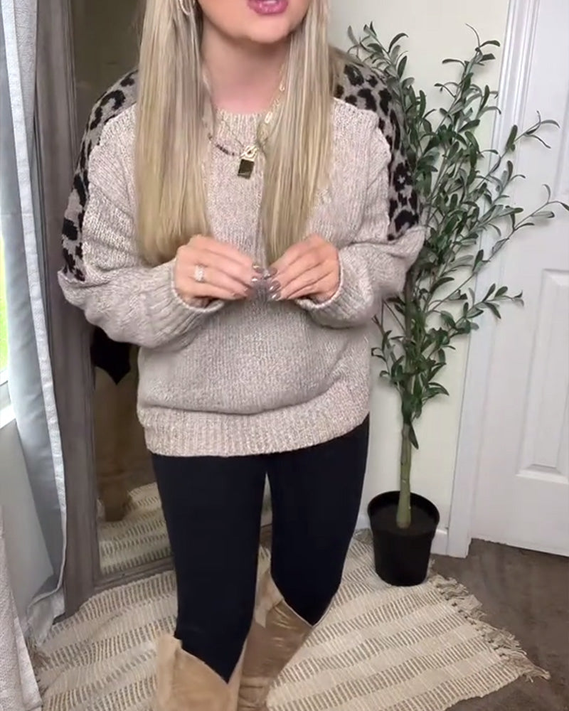 Trui casual ronde hals luipaardprint patchwork