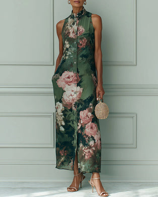 Jurk Mouwloos Bloemen Opstaande Kraag Shirt