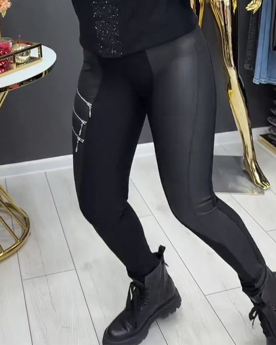 Legging PU Patchwork Rits Versierd