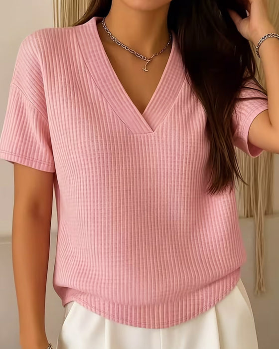 T-Shirt V-Hals Effen Kleur Veelzijdig Korte Mouwen