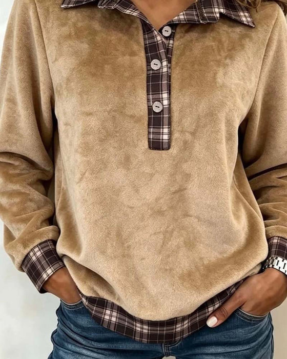 Sweatshirt Revers Knoop Geruit Patchwork