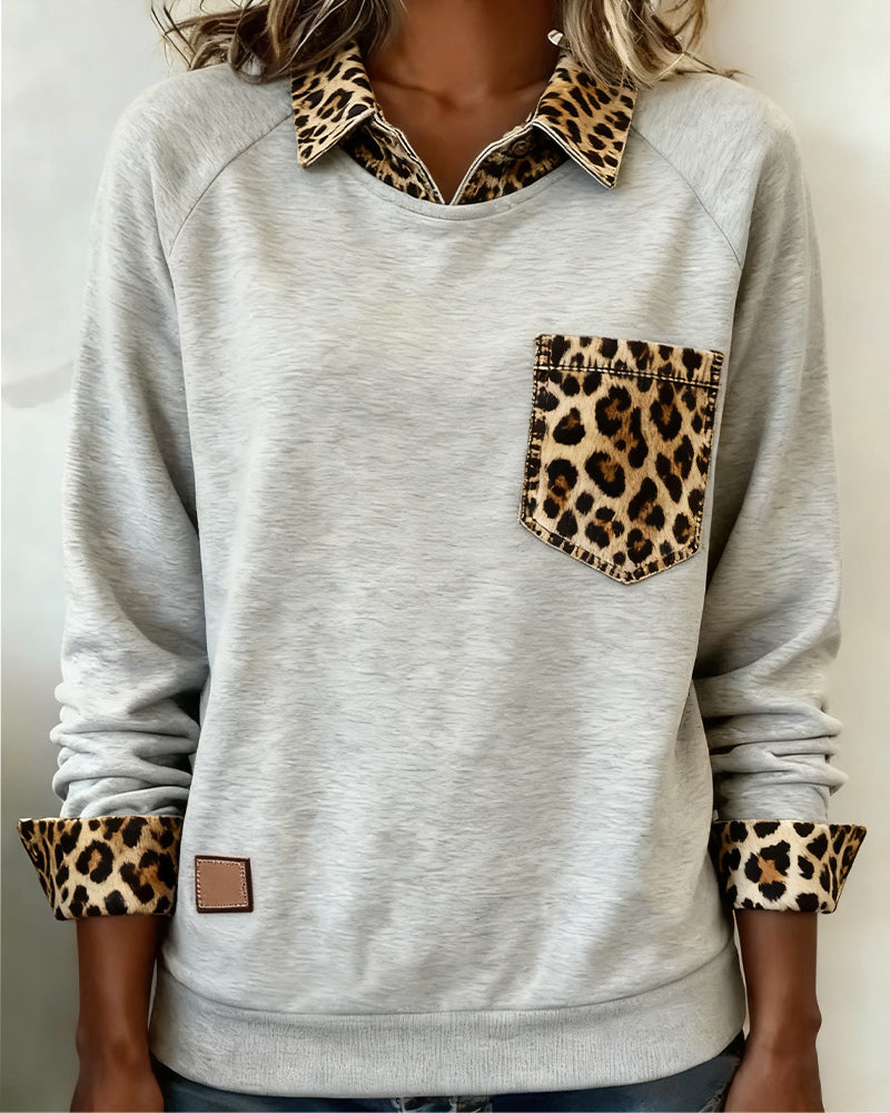 Langmouwige sweatshirt met revers en luipaardprint