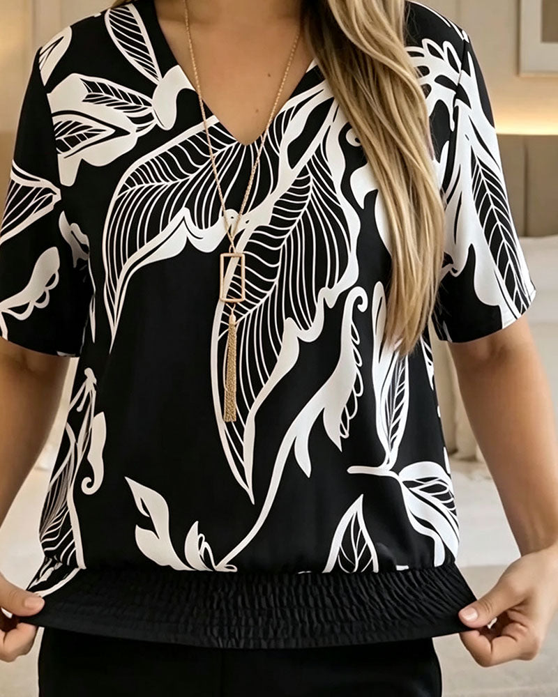 Blouse Bloemenprint Elastische Zoom Korte Mouw