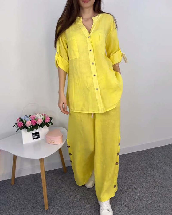 Kanten blouse met wijde pijpen, broek met zak, effen kleur en knopen