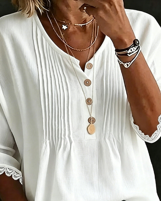 Blouse Geplooid Knoop Kantenrand