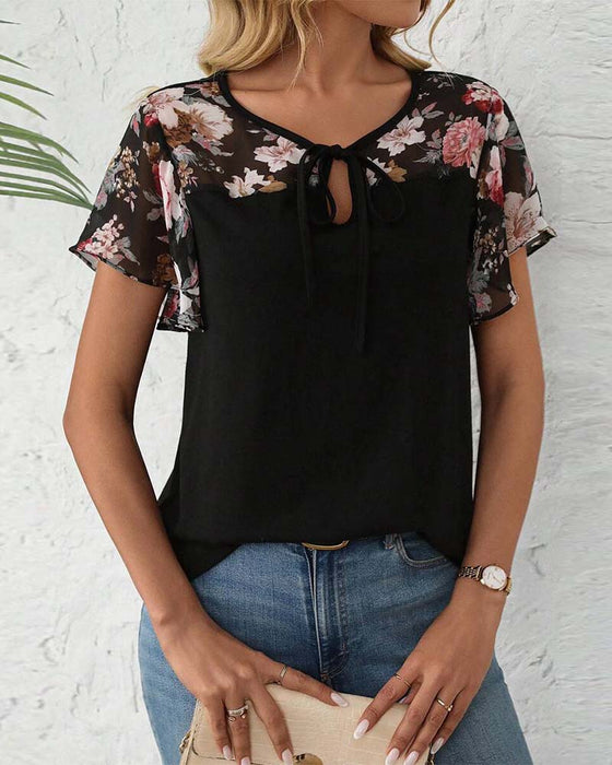 Blouse Korte Mouwen Vetersluiting Bedrukt