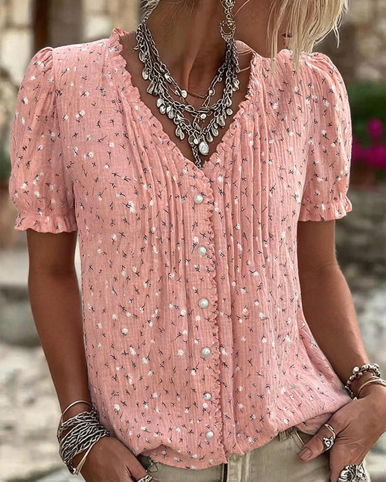 Blouse Poefmouw Bloemenprint Korte-Mouw