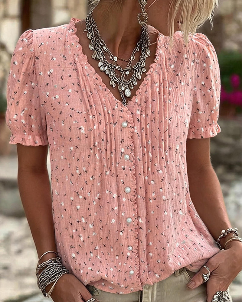 Blouse Poefmouw Bloemenprint Korte-Mouw