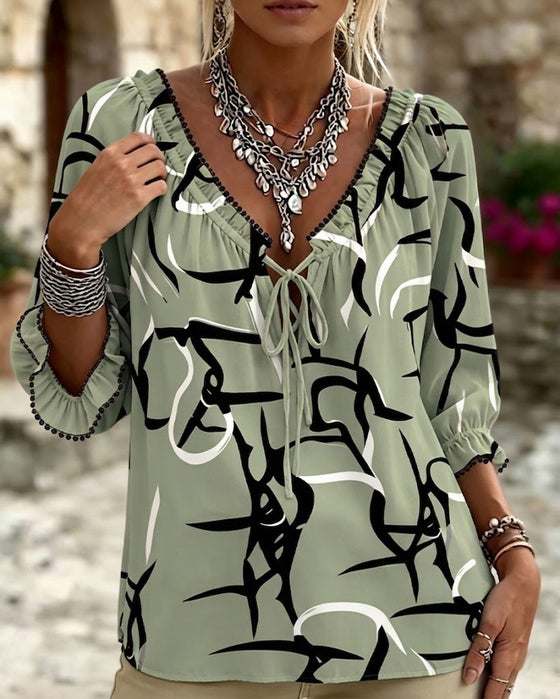 Blouse Abstracte Print V-Hals Vetersluiting