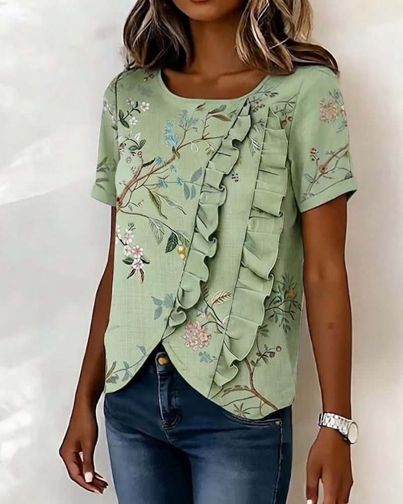 Blouse Ronde Hals Korte Mouw Ruche Bloemen