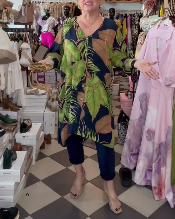 Losse Jurk Met Bladprint En V-Hals