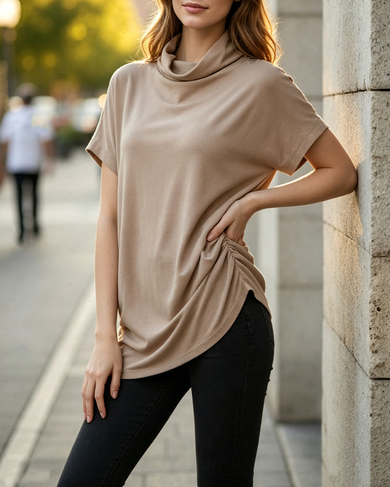 Blouse Mock Hals Korte Mouw Zijde Gerimpeld