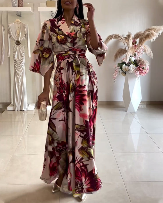 Jurk met revers, driekwartmouwen en bloemenprint