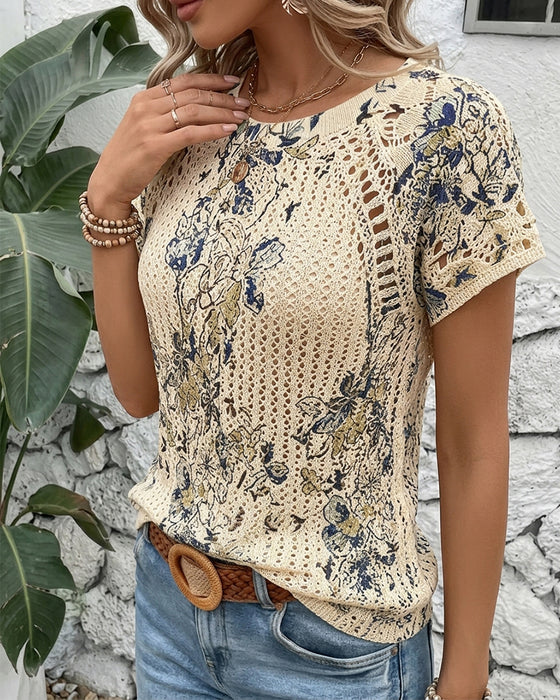 Pullover Korte Mouw Opengewerkte Print