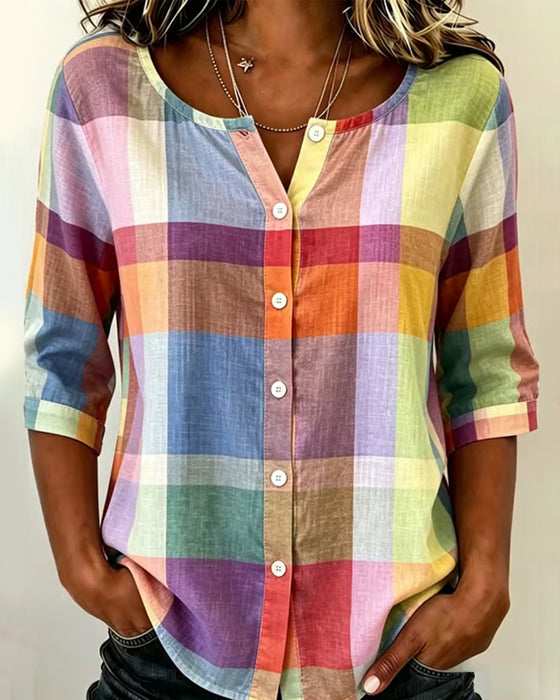 Blouse Kleurrijk Geruit Knoop Voor Relaxed