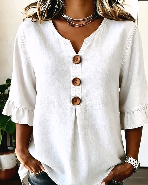 Blouse V-Hals Uitlopende Mouw Denim