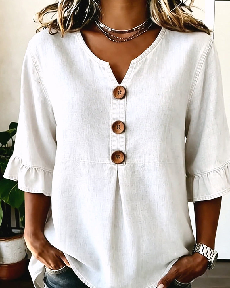 Blouse V-Hals Uitlopende Mouw Denim