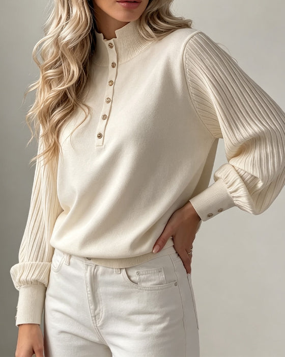 Pullover Turtleneck Knoop Geribd Pofmouw Trui