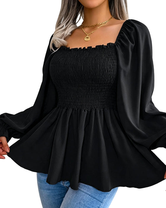 Blouse Ruche Vierkante Hals Lange Mouw