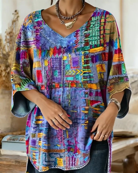 Blouse Met Kleurrijke Geometrische Print En Wijde Mouwen