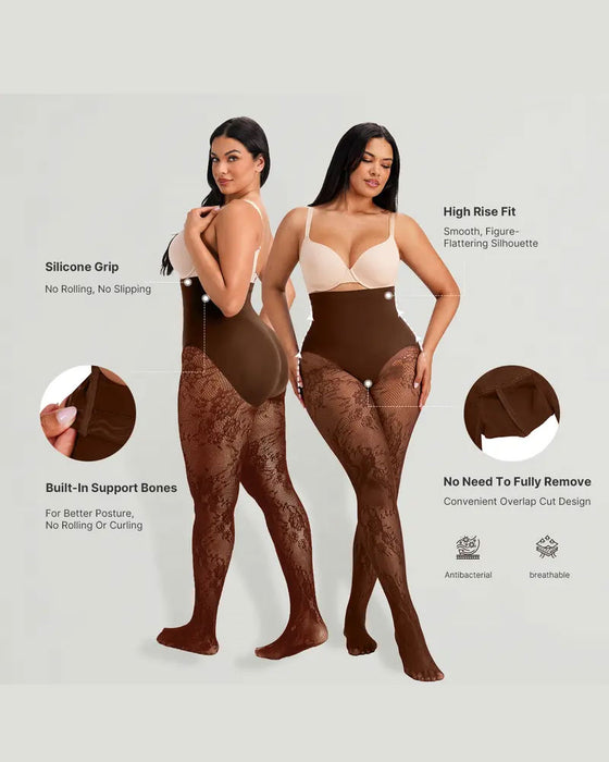 Dames vormende panty met hoge taille en bloemenkant