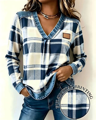 Top V-Hals Geruit Denim Patchwork