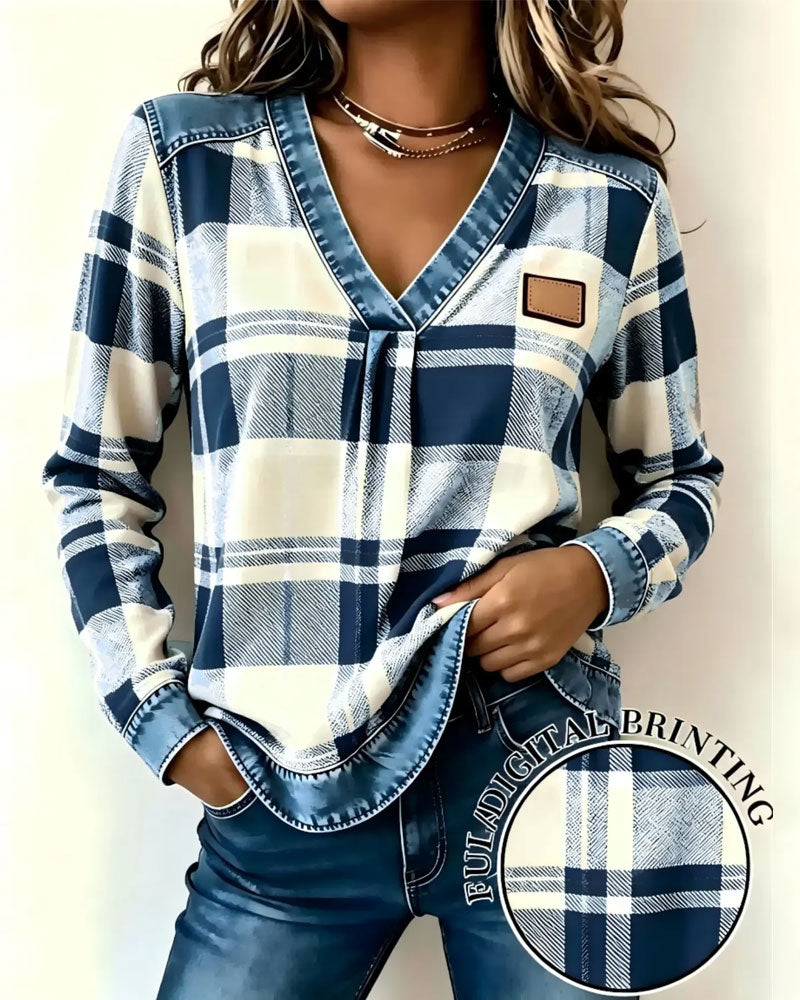 Top V-Hals Geruit Denim Patchwork