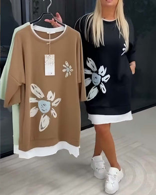 Sweatshirtjurk Ronde Hals Bedrukt Patchwork