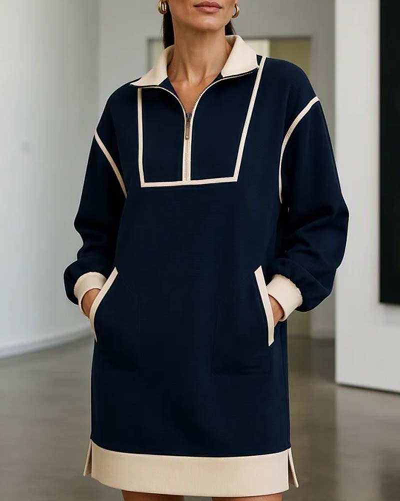 Jurk Half Zip Lange Mouw Kleurblok Kort
