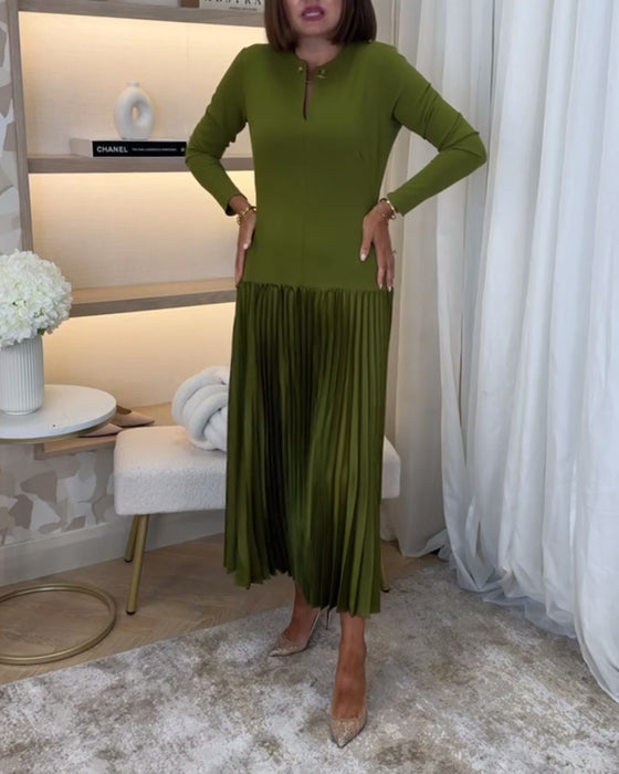 Casual effen kleur jurk met lange mouw en plooi