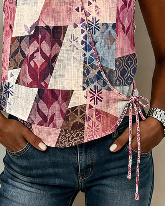 Casual Bedrukte Blouse Met Vetersluiting