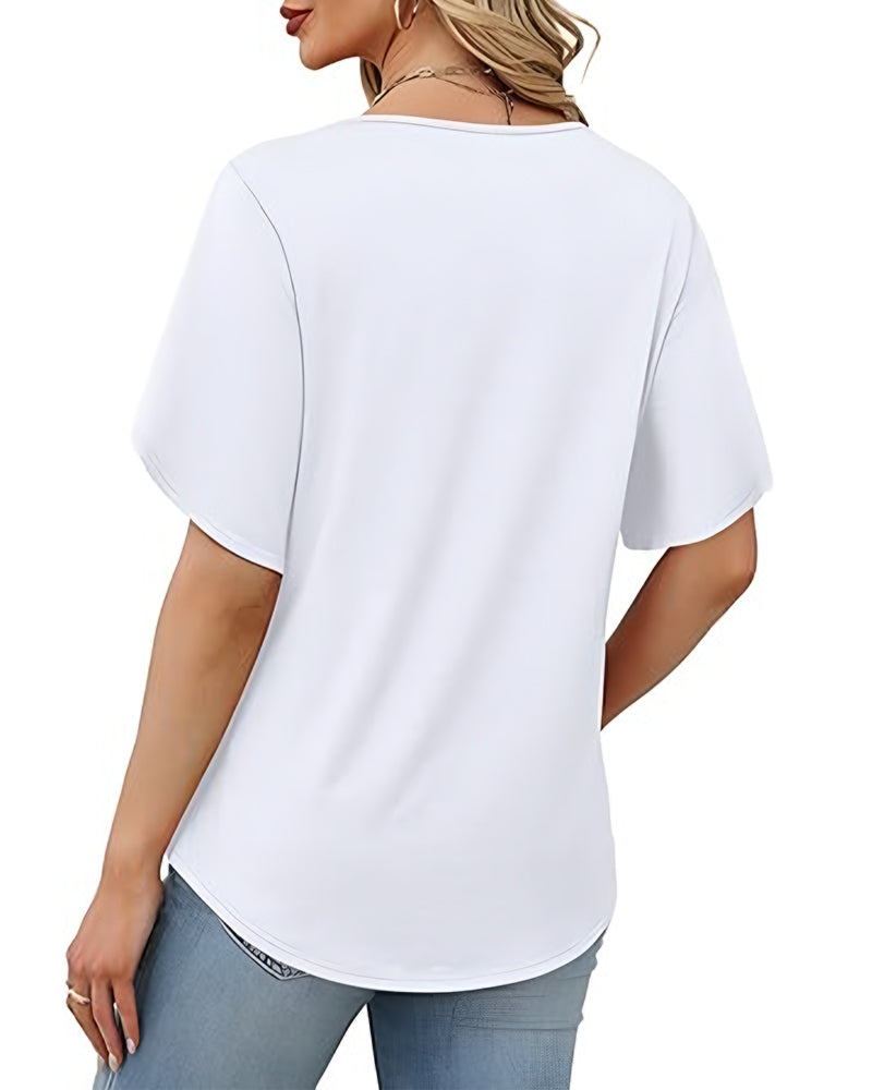 T-Shirt V-Hals Kleine Split Korte Mouw Effen