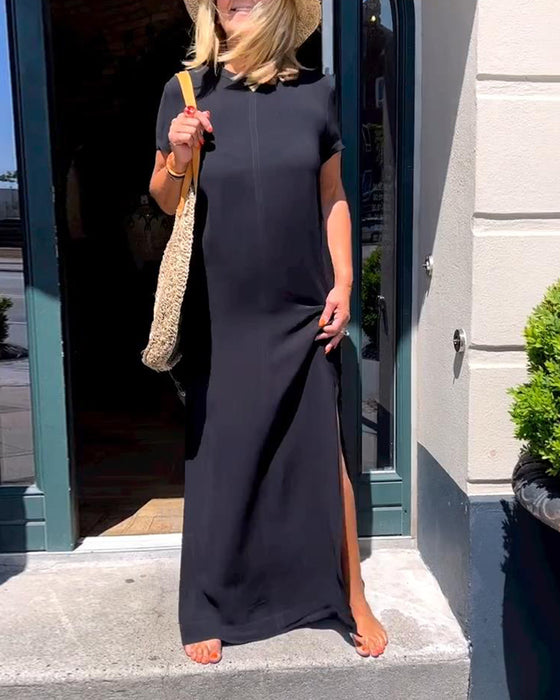 Elegante jurk met korte mouwen in effen kleur