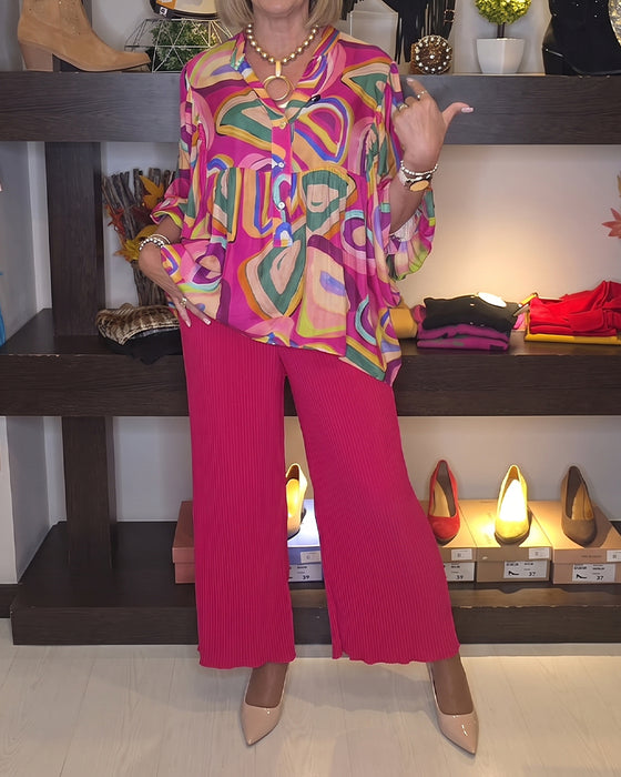 Blouse Kleurrijk Geometrisch Pofmouw Bedrukt