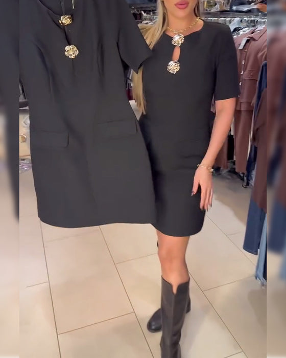 Jurk Metalen Gesp Getailleerd Kortmouwen