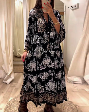 Vintage losse jurk met print en geplooide