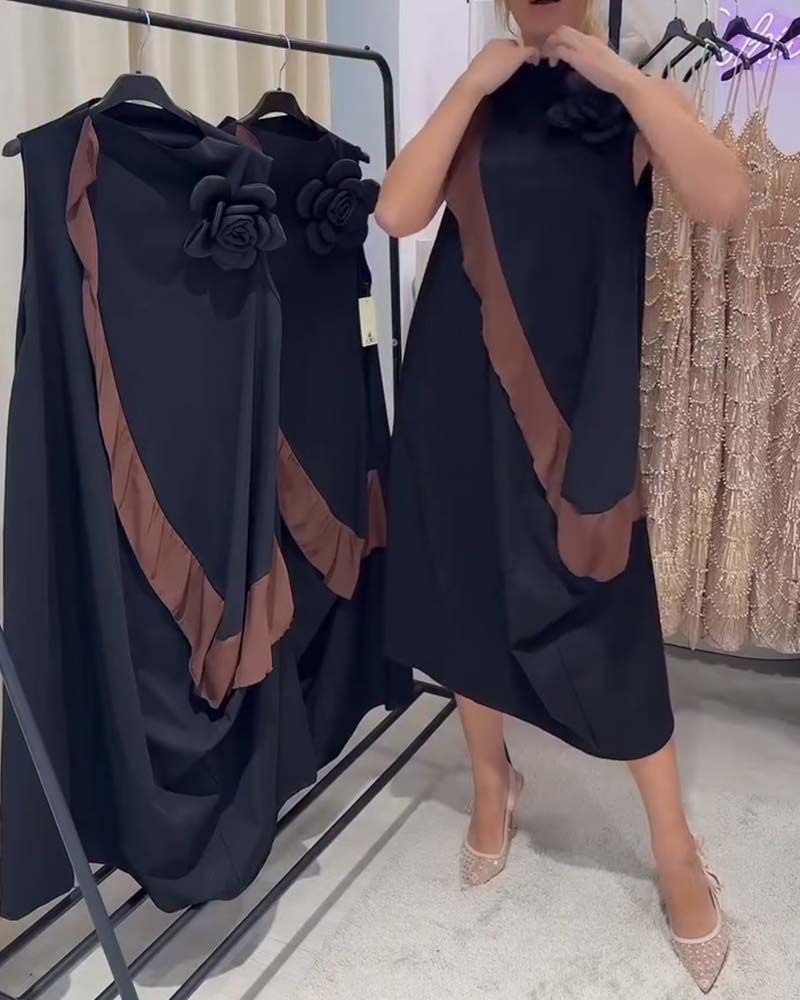 Jurk 3D Bloemblad Volant Kleurcontrast Mouwloos