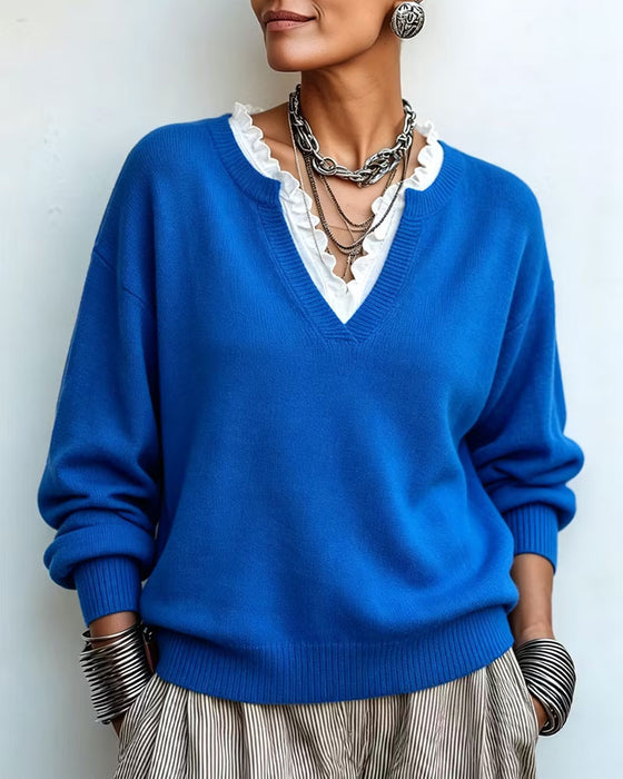 Pullover Faux Tweedelig V-Hals Kantafwerking