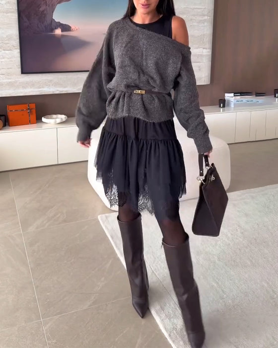 Off-Shoulder Wijd Trui & Kant Zoom Jurk