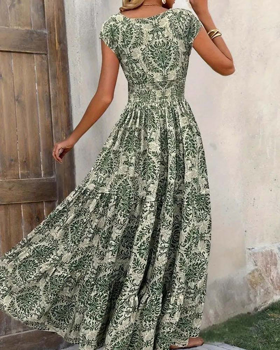 Jurk Retro Print V-Hals Ingesnoerde Taille Lang