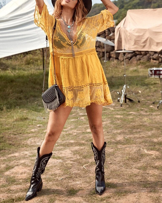 Smock V-Hals Kant Geborduurd