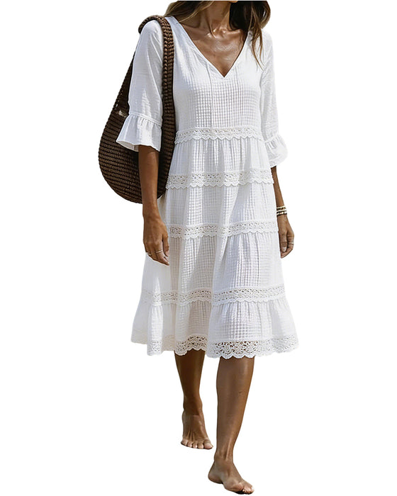 Jurk V-Hals Kant Patchwork Mouw Medium