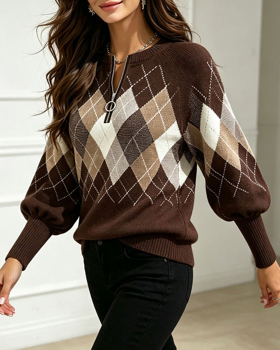 Pullover Ruitpatroon Jacquard Half-Zip Lantaarnmouw
