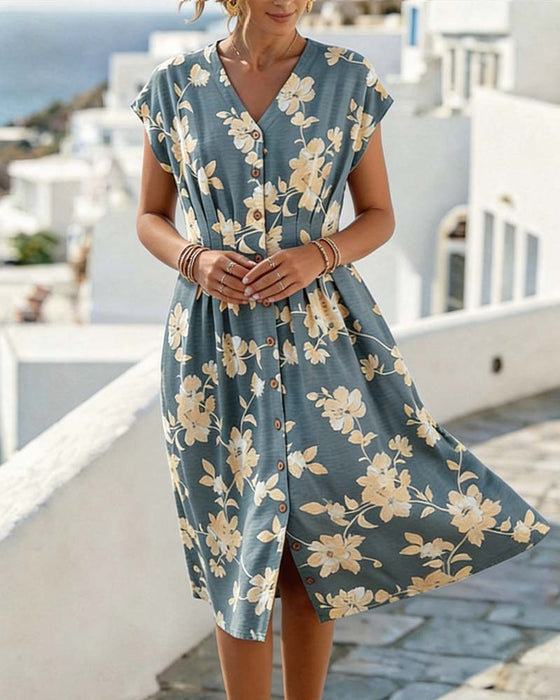 Jurk V-Hals Print Getailleerde Taille Knoopsluiting Voorzijde