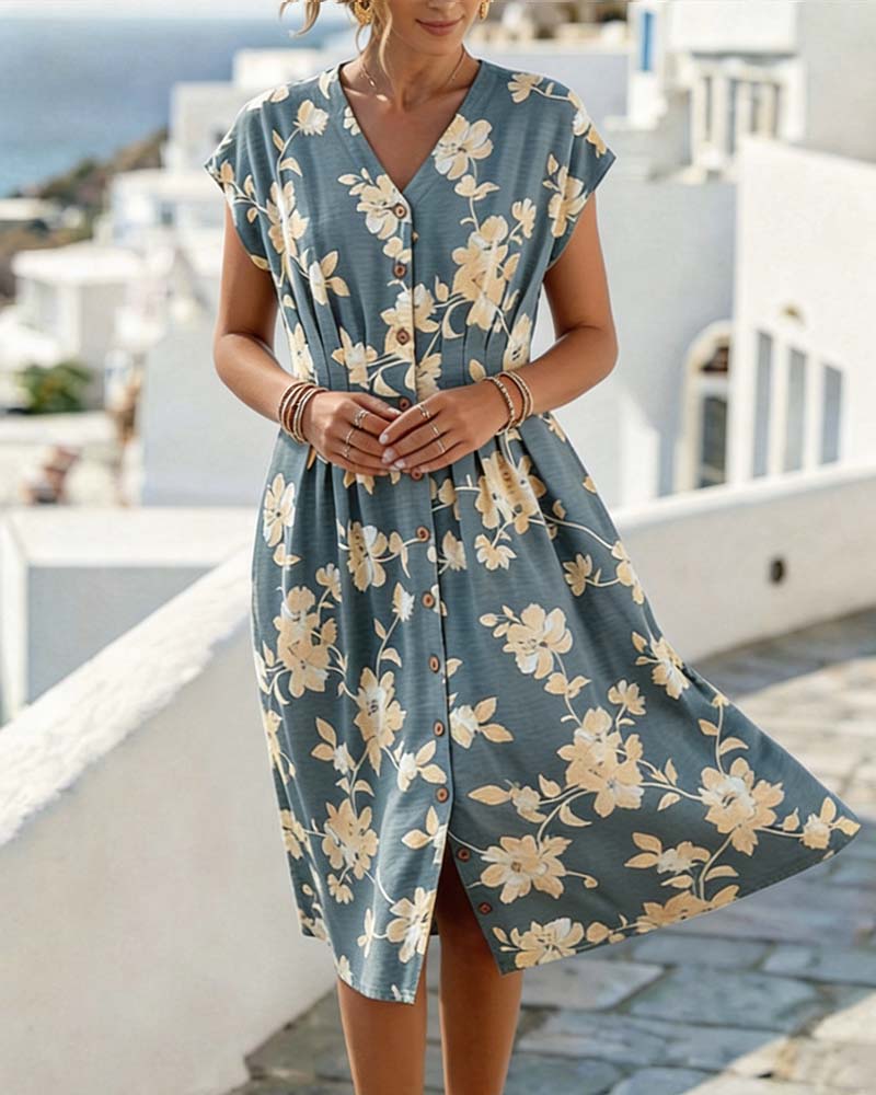 Jurk V-Hals Print Getailleerde Taille Knoopsluiting Voorzijde