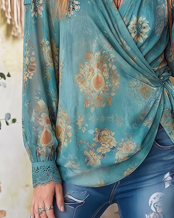 Top V-Hals Cross Gerimpeld Kant Patchwork