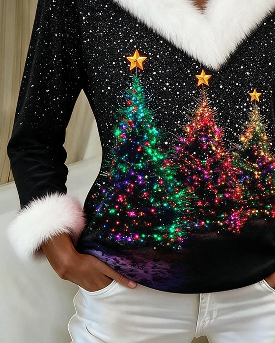 Top Kerstboom Print Pluche V-hals